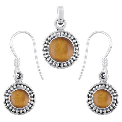 Beautifully Handcrafted Rawa Work Around Tiger's Eye Round Shape 925 Sterling Solid Silver Pendants Sets - R3600513-18