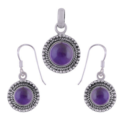 Classic Rawa Work Around Amethyst Round Shape 925 Sterling Solid Silver Pendant Set - R3600514-51