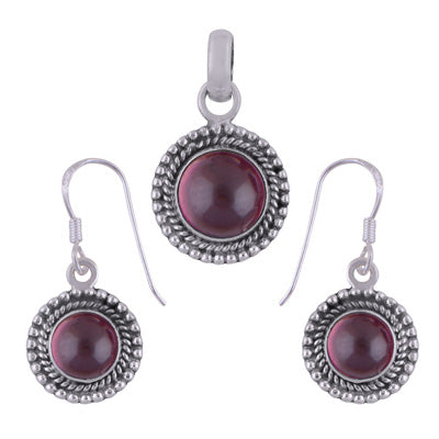 Classic Rawa Work Around Garnet Round Shape 925 Sterling Solid Silver Pendant Set - R3600514-52