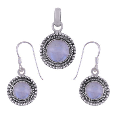 Classic Rawa Work Around Rainbow Moonstone Round Shape 925 Sterling Solid Silver Pendant Set - R3600514-54