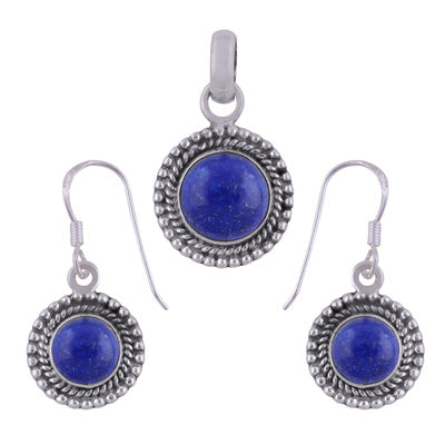 Classic Rawa Work Around Lapis Round Shape 925 Sterling Solid Silver Pendant Set - R3600514-56