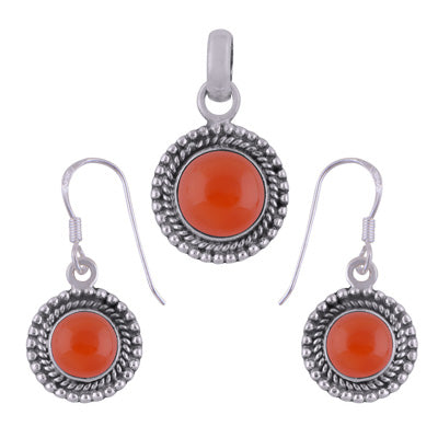 Classic Rawa Work Around Carnelian Round Shape 925 Sterling Solid Silver Pendant Set - R3600514-57