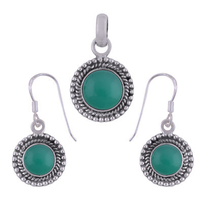 Classic Rawa Work Around Green Onyx Round Shape 925 Sterling Solid Silver Pendant Set - R3600514-58