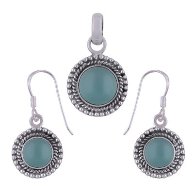 Classic Rawa Work Around Aqua Chalcedony Round Shape 925 Sterling Solid Silver Pendant Set - R3600514-60