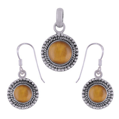 Classic Rawa Work Around Tiger's Eye Round Shape 925 Sterling Solid Silver Pendant Set - R3600514-61