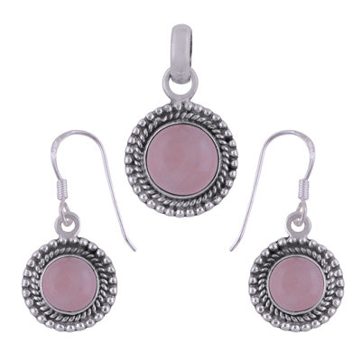Classic Rawa Work Around Rose Quartz Round Shape 925 Sterling Solid Silver Pendant Set - R3600514-63