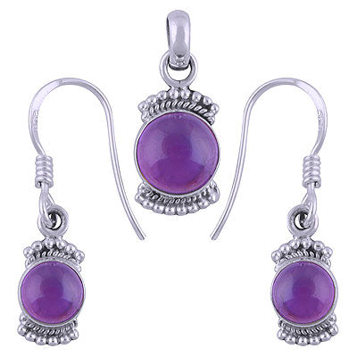 Alluring Rawa Work Pattern Around Amethyst Round Shape 925 Sterling Solid Silver Pendants Sets - R3600515-1