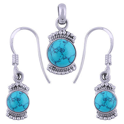 Alluring Rawa Work Pattern Around Turquoise Round Shape 925 Sterling Solid Silver Pendants Sets - R3600515-7