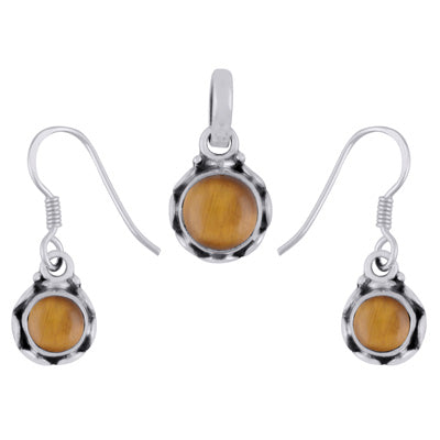 Handcrafted Work Tiger's Eye Round Shape 925 Sterling Solid Silver Pendants Sets - R3600534-57