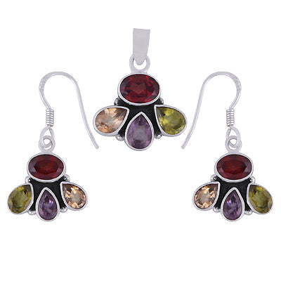 Stunning Handcrafted Amethyst,Garnet,Citrine,Peridot Oval,Pear Shape 925 Sterling Solid Silver Pendants Sets - R3600537-1