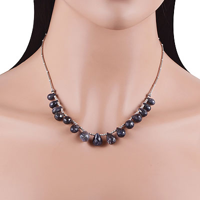 Alluring Multiple Drop Gemstone Blue Corundum Drop Shape 925 Sterling Solid Silver Necklace - R4100049-4