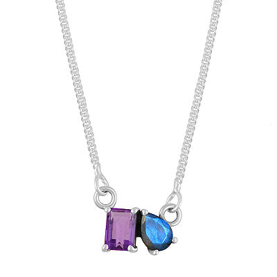 Gorgeous Birthstone Two Shaped Gemstone Amethyst,Labradorite Rectangle,Pear Shape 925 Sterling Solid Silver Necklace - R4100181-113