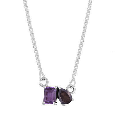 Gorgeous Birthstone Two Shaped Gemstone Amethyst,Smoky Topaz Rectangle,Pear Shape 925 Sterling Solid Silver Necklace - R4100181-114