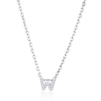 W Initial Studded Gemstone White Cubic Zirconia Round Shape 925 Sterling Solid Silver Necklace - R4100185-10