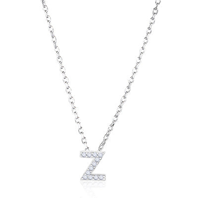 Z Initial Studded Gemstone White Cubic Zirconia Round Shape 925 Sterling Solid Silver Necklace - R4100185-13