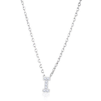 I Initial Studded Gemstone White Cubic Zirconia Round Shape 925 Sterling Solid Silver Necklace - R4100185-3