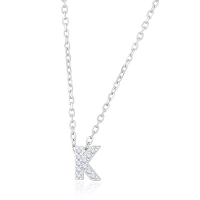 K Initial Studded Gemstone White Cubic Zirconia Round Shape 925 Sterling Solid Silver Necklace - R4100185-5