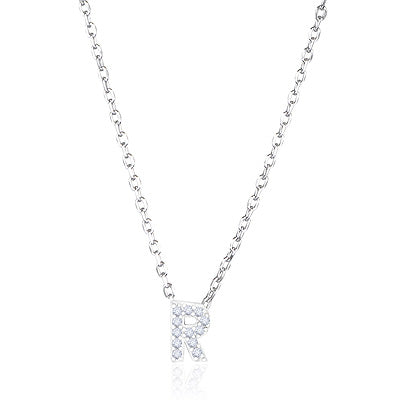 R Initial Studded Gemstone White Cubic Zirconia Round Shape 925 Sterling Solid Silver Necklace - R4100185-8