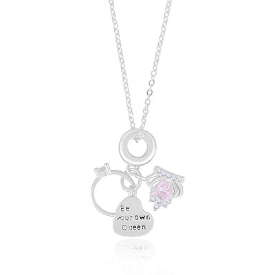 Self love Queen Charms Hanging w/ Gemstone Pink Cubic Zirconia Round Shape 925 Sterling Solid Silver Necklace - R4100187-1