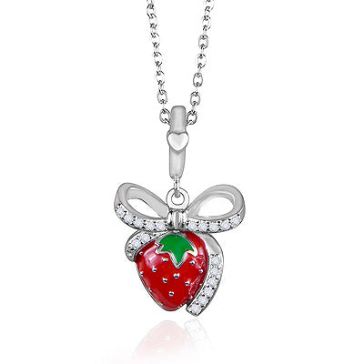 Strawberry w/ Bow Studded Gemstone White Cubic Zirconia Round Shape 925 Sterling Solid Silver Necklace - R4100188-2