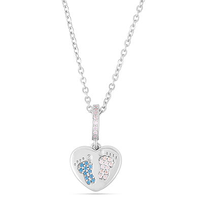 Baby Girl-Boy Footprints In Heart Blue & Pink Gemstone Studded Cubic Zirconia Round Shape 925 Sterling Solid Silver Necklace - R4100189-1