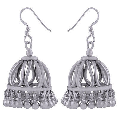 Beautiful Hanging Beads at bottom of Jhumkas Plain 925 Sterling Solid Silver Dangle Earrings - R4600003-12
