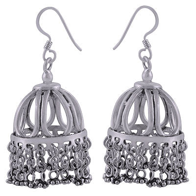 Beautiful Hanging Beads at bottom of Jhumkas Plain 925 Sterling Solid Silver Dangle Earrings - R4600003-16