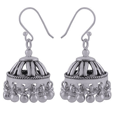 Stunning Hanging Beads at bottom of Jhumkas Plain 925 Sterling Solid Silver Dangle Earrings - R4600003-17