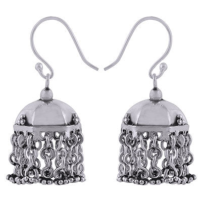 Magnificent Hanging Beads at bottom of Jhumkas Plain 925 Sterling Solid Silver Dangle Earrings - R4600003-20