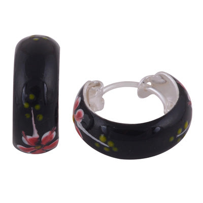 Stunning Black Enamel Flower pattern on Enamel 925 Sterling Solid Silver Earrings - R4600976-10