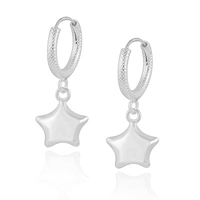 Alluring Star Charms Hanging Plain 925 Sterling Solid Silver Textured Hoop Earrings - R4600995-2