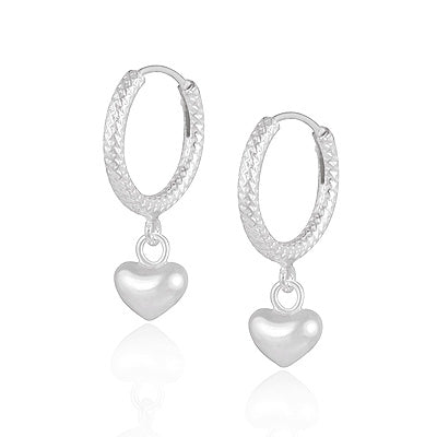 Beautiful Heart Charms Hanging Plain 925 Sterling Solid Silver Textured Hoop Earrings - R4600996-2