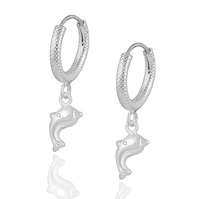 Stunning Dolphin Charms hanging Plain 925 Sterling Solid Silver Textured Hoop Earrings - R4600997-2