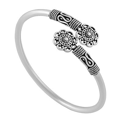Stunning Oxidised Flower Rawa Work Plain 925 Sterling Solid Silver Bangles - R4700071-76