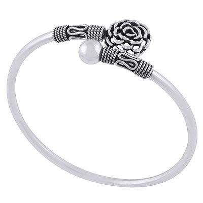 Beautiful Rose Handcrafted on Plain 925 Sterling Solid Silver Bangle - R4700086-1