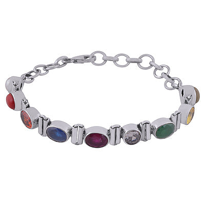 Gorgeous Navratna Nine Gemstones Pearl, Corel, Cubic Zirconia , Cats Eye , Hessonite , Corundum Multi Shape 925 Sterling Solid Silver Bracelet - R500007-1