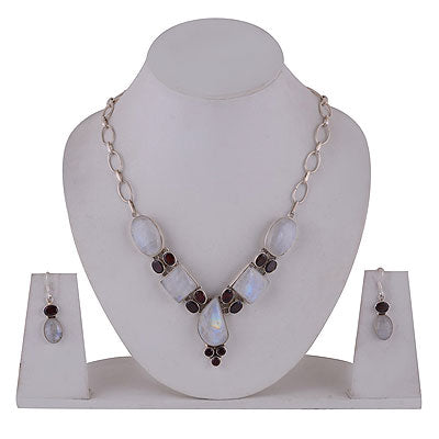 Gorgeous Multiple Blue Fire Light Gemstone Garnet,Rainbow Moonstone Multi Shapes 925 Sterling Solid Silver Necklace Jewellery Set - R5000163-81