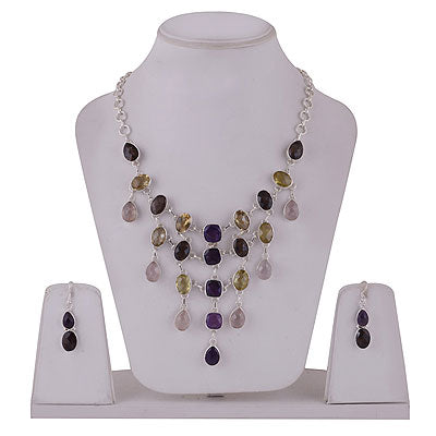 Beautifully Designed Using Multicoloured Gemstones Amethyst,Lemon Topaz,Smoky Topaz,Rose Quartz Multi Shapes 925 Sterling Solid Silver Necklace Jewellery Set - R5000163-84