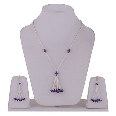 Stunning Hanging Tassels of Gemstone Beads Amethyst Round Shape 925 Sterling Solid Silver Necklace Jewellery Set - R5000165-10