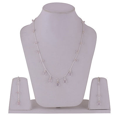 Beautifully Hanging Gemstone Beads Rose Quartz Round,Pear Shape 925 Sterling Solid Silver Necklace Jewellery Set - R5000165-18