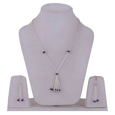Gorgeous Hanging Tassels of Gemstone Beads Amethyst,Rose Quartz Round Shape 925 Sterling Solid Silver Necklace Jewellery Set - R5000165-21