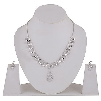 Gorgeous Multi-finish Studded w/ White Cubic Zirconia Round Shape 925 Sterling Solid Silver Necklace Sets - R5000205-1