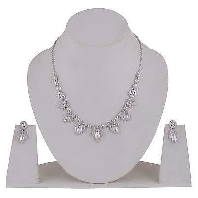 Modern Multi-finish Design Studded w/ White Cubic Zirconia Round Shape 925 Sterling Solid Silver Necklace Sets - R5000208-3