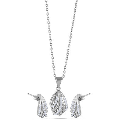 Gorgeous Drop Shaped Studded White Cubic Zirconia Round Shape 925 Sterling Solid Silver Necklace Sets - R5000209-1