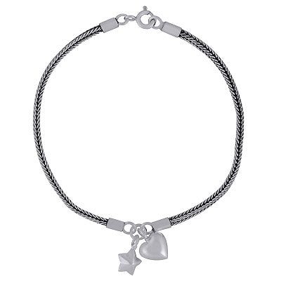 Alluring Heart & Star Charms Around Plain 925 Sterling Solid Silver Bracelet - R5400188-1