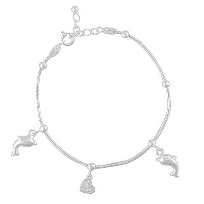 Stunning Dolphin & Heart Charm Hanging Plain 925 Sterling Solid Silver Bracelet - R5400230-1