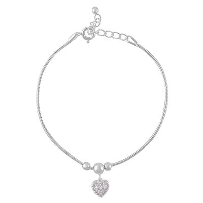 Gorgeous Heart Charm w/ Beads Around Plain 925 Sterling Solid Silver Bracelet - R5400231-2