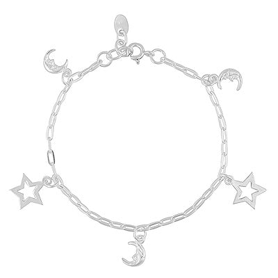 Beautiful Star & Moon Charm Hanging Plain 925 Sterling Solid Silver Bracelet - R5400240-3
