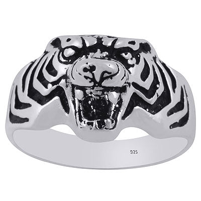 Alluring Tiger Handcrafted on Plain 925 Sterling Solid Silver Ring - R5600058-1