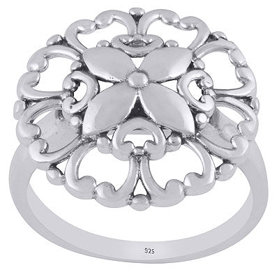 Alluring Flower Handcrafted w/ Rawa Work Around Plain 925 Sterling Solid Silver Ring - R5600529-1